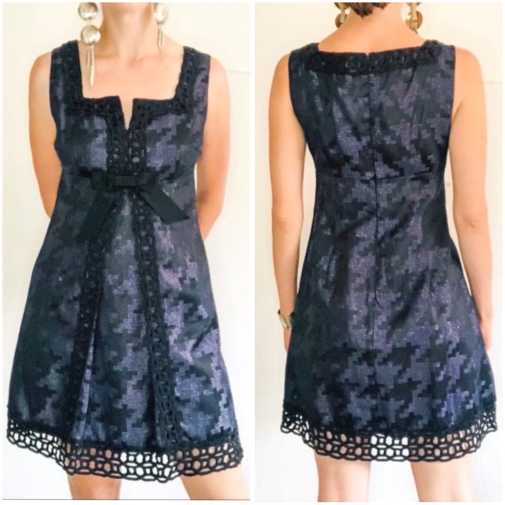 Anna Sui x Target Black Blue Metallic Houndstooth Dress Size 9 Dark Coquette Bow